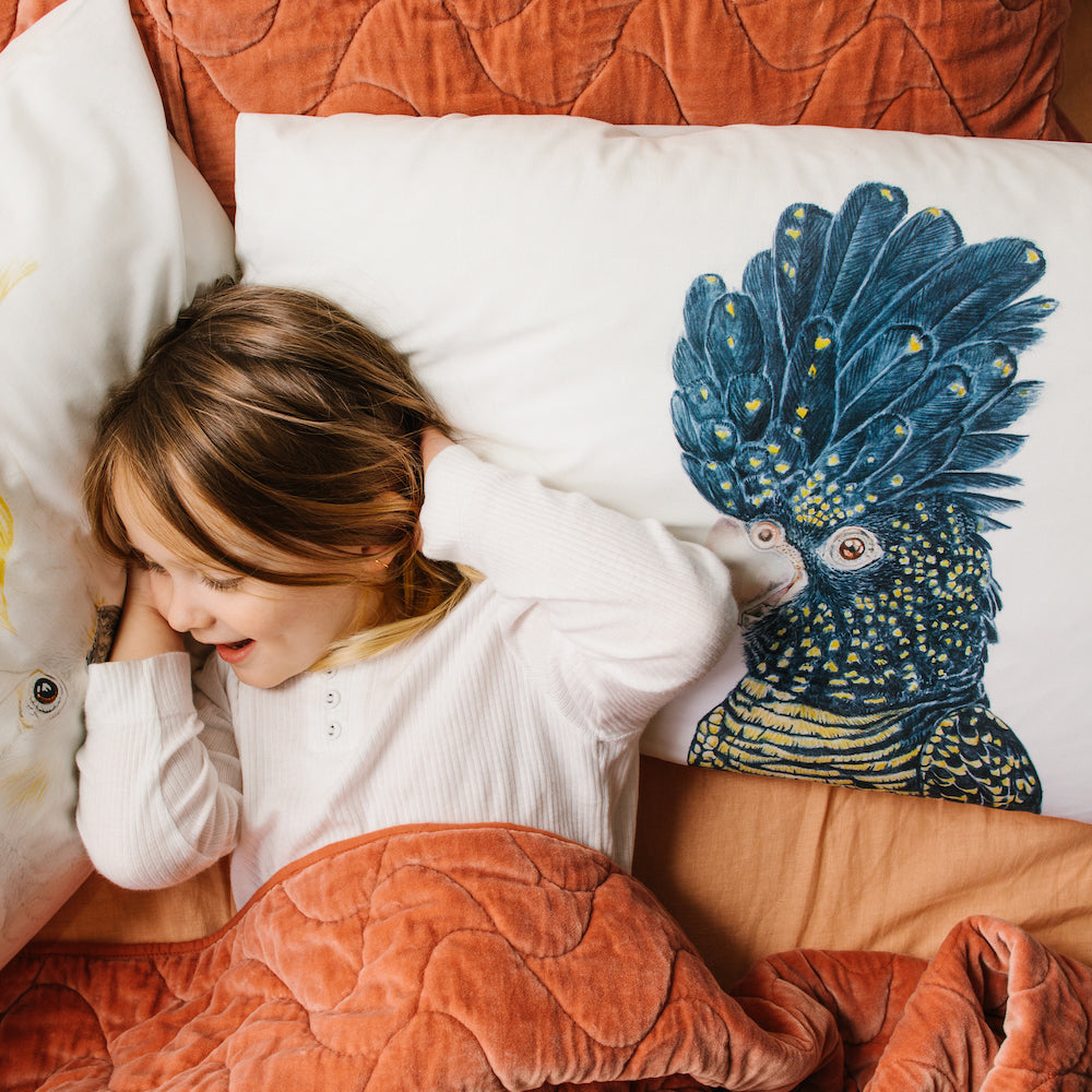 white cotton pillowcase with sulphur crested cockatoo watercolour artwork