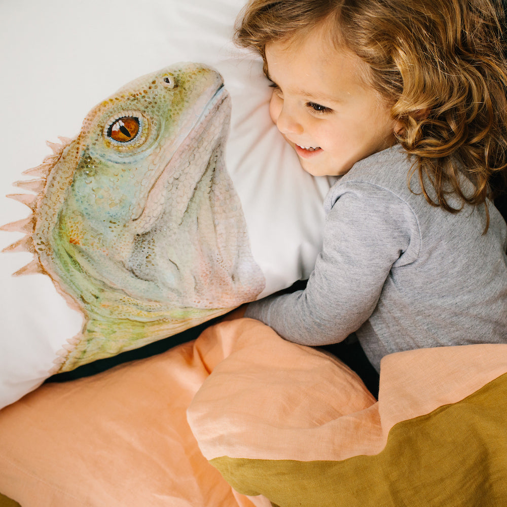 white cotton pillowcase with new zealand tuatara lizard watercolour artwork