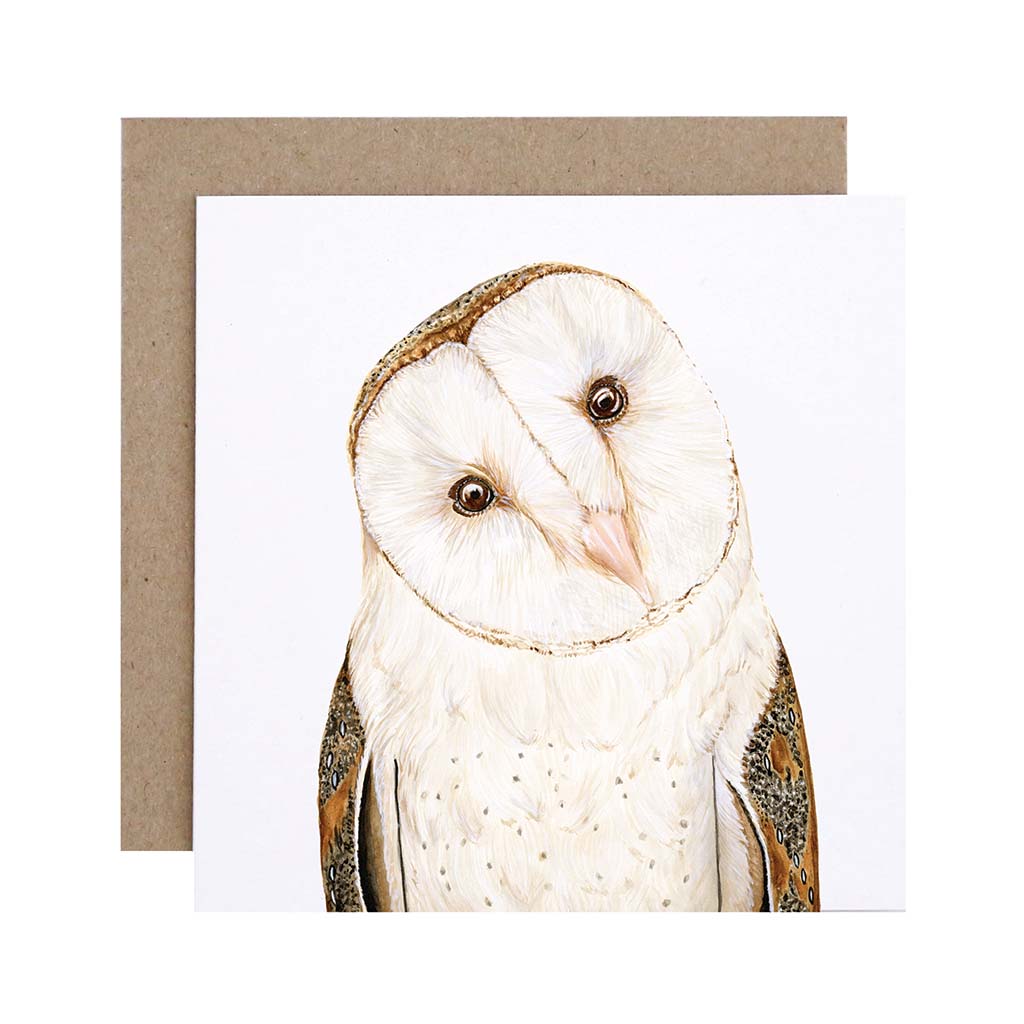 Square white greeting card with barn owl watercolour illustration and recycled kraft envelope