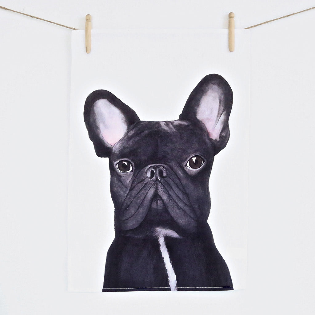 white linen tea towel with black french bulldog watercolour artwork