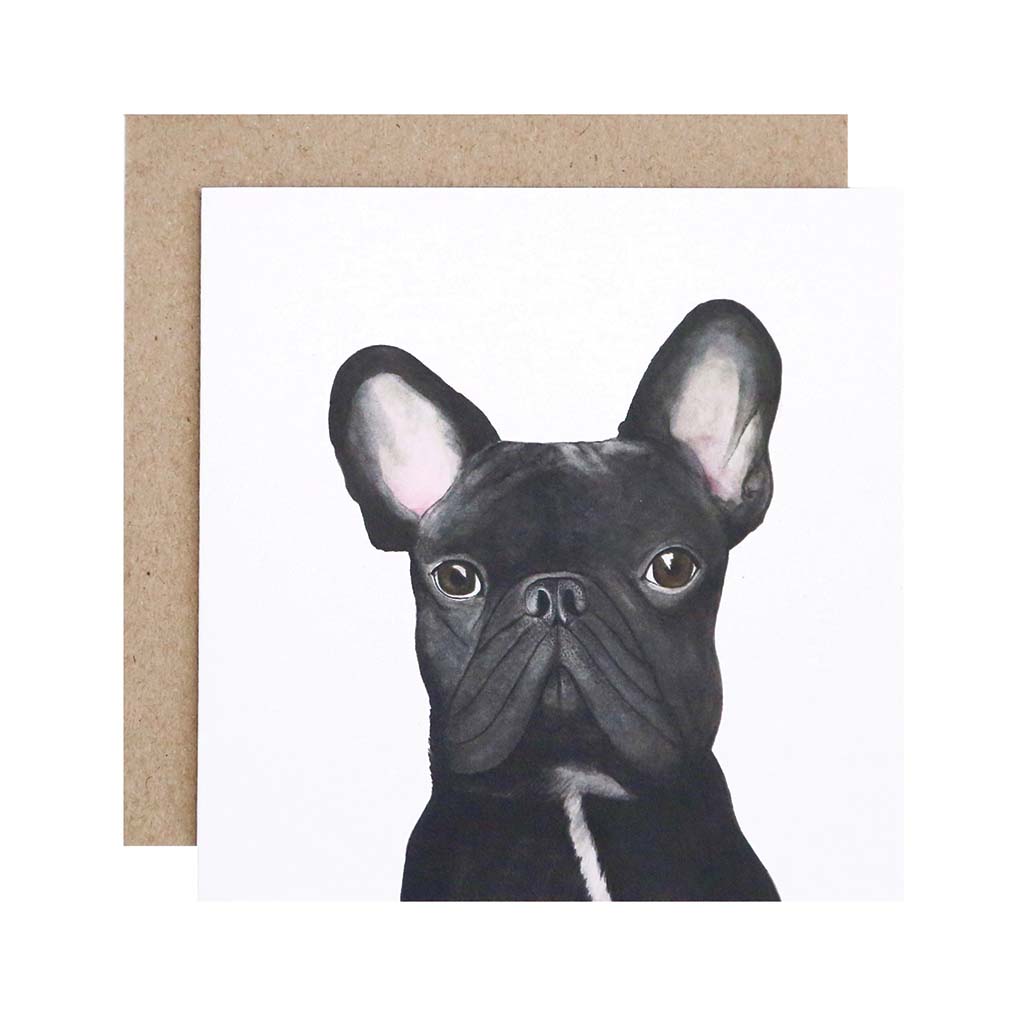 Square white greeting card with black french bulldog watercolour illustration and recycled kraft envelope