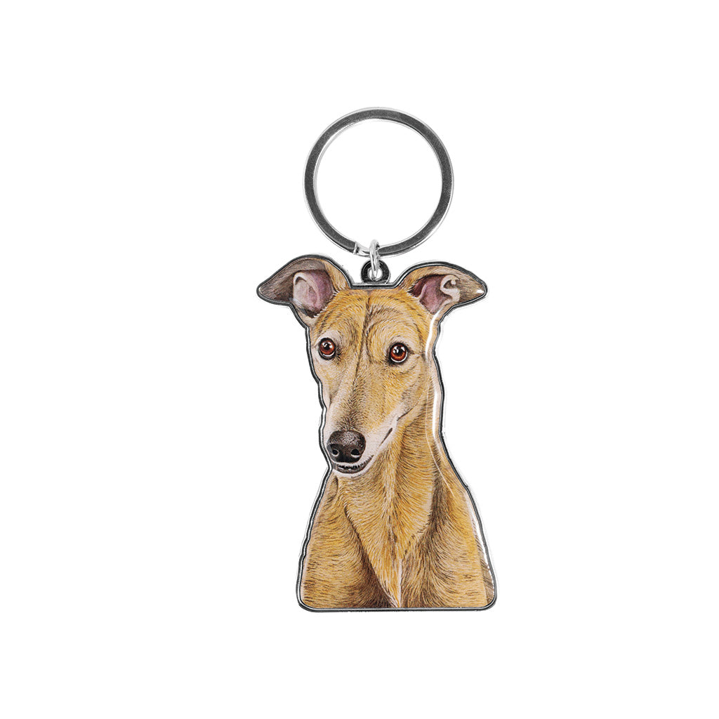 brindle greyhound watercolour artwork enamel keychain