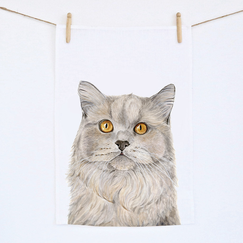 white linen tea towel with british shorthair grey cat watercolour artwork