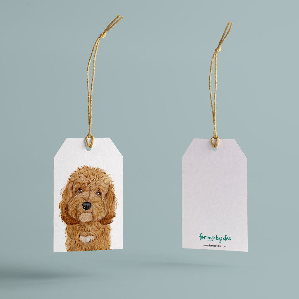 cavoodle dog gift tag with twine string on blue background