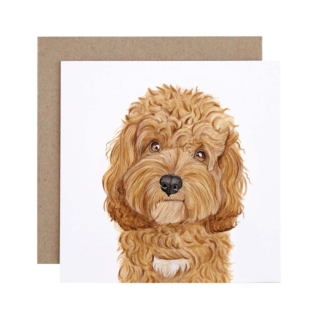 Square white greeting card with cavoodle dog watercolour illustration and recycled kraft envelope