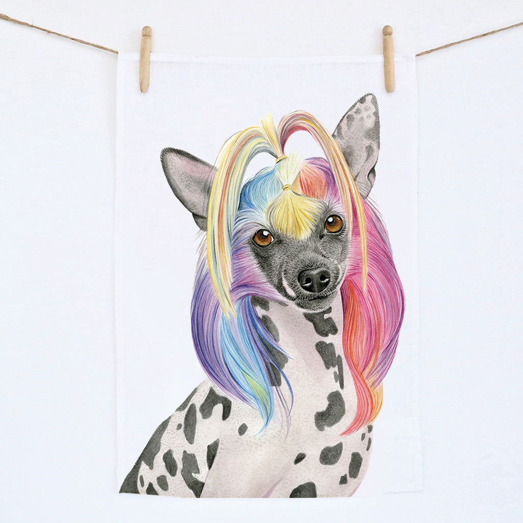chinese crested dog rainbow hair watercolour artwork linen tea towel