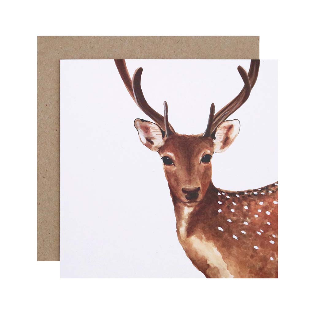 Square white greeting card with deer watercolour illustration and recycled kraft envelope