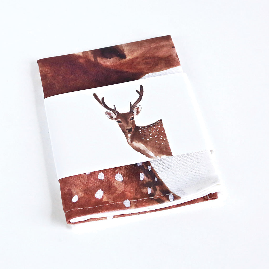 white linen tea towel with deer watercolour artwork