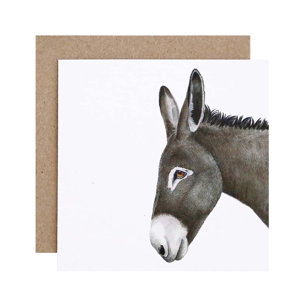 Square white greeting card with grey donkey watercolour illustration and recycled kraft envelope