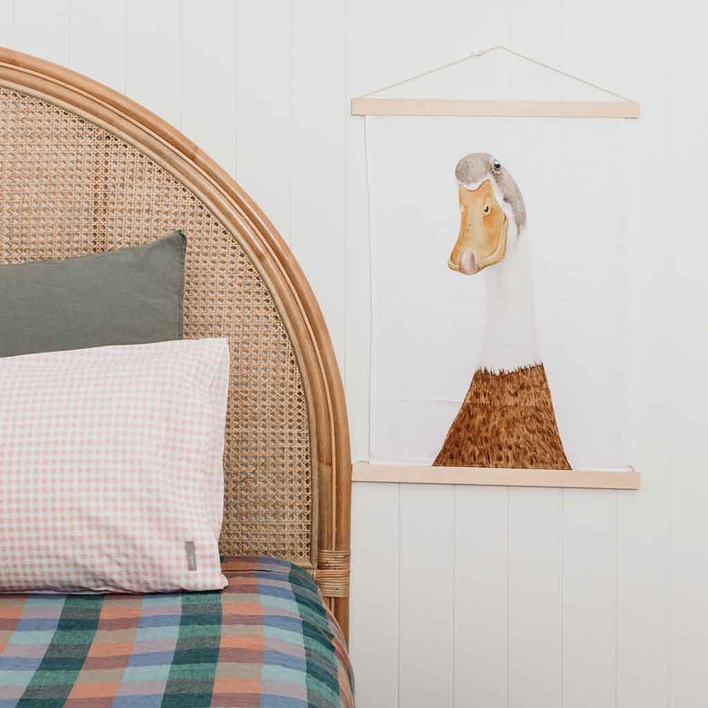 duck watercolour artwork linen tea towel hanging as artwork in bedroom