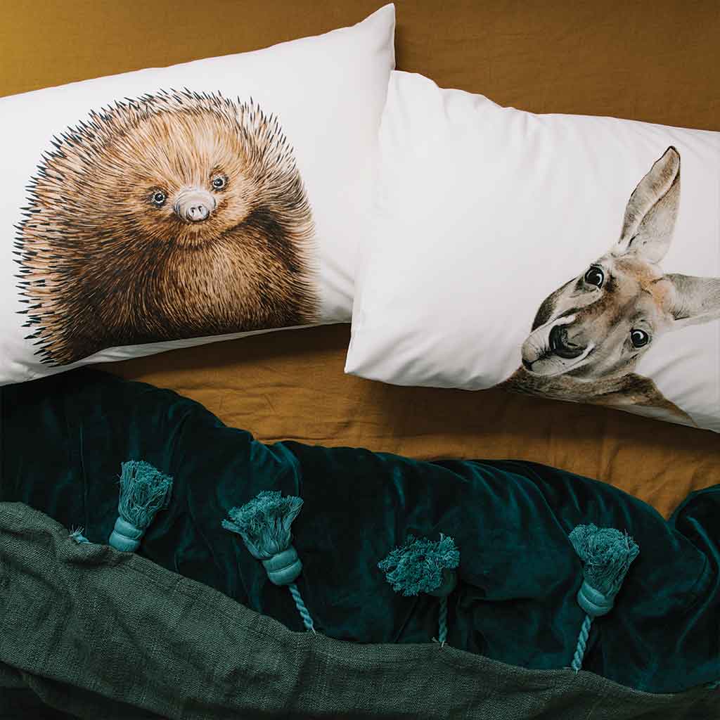 echidna kangaroo watercolour artwork cotton pillowcases australian animal on bed