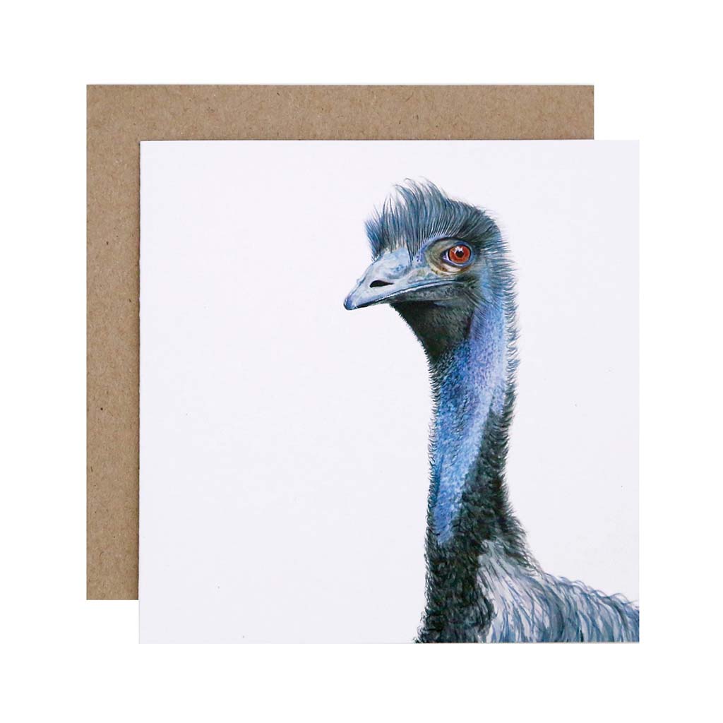 Square white greeting card with emu watercolour illustration and recycled kraft envelope