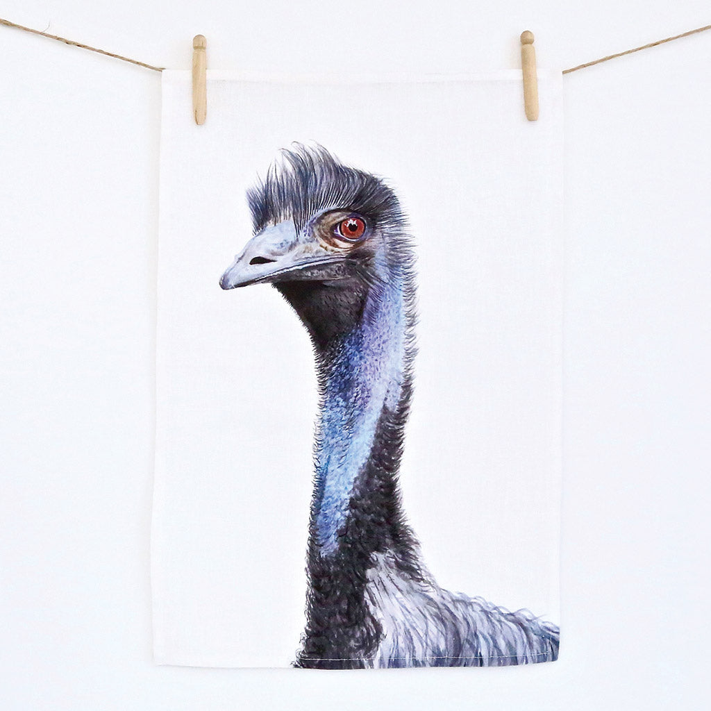 white linen tea towel with emu watercolour artwork