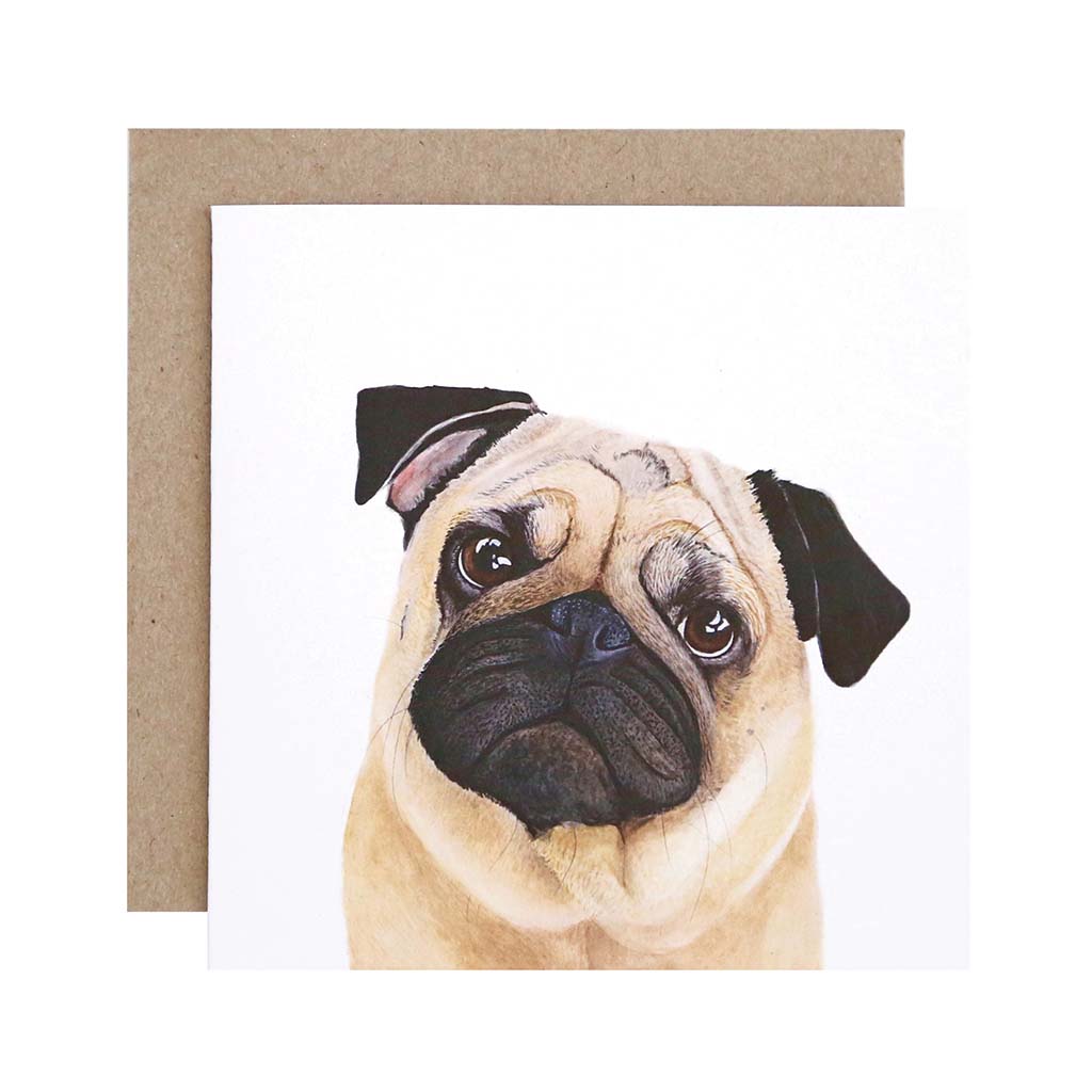 Square white greeting card with fawn pug dog watercolour illustration and recycled kraft envelope