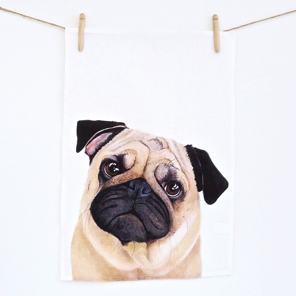white linen tea towel with fawn pug watercolour artwork