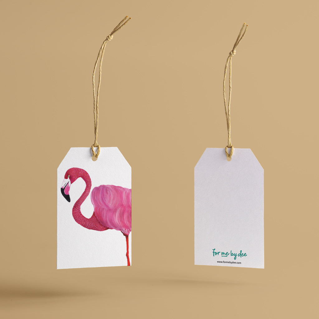 flamingo wild animal gift tag with twine string on mustard background