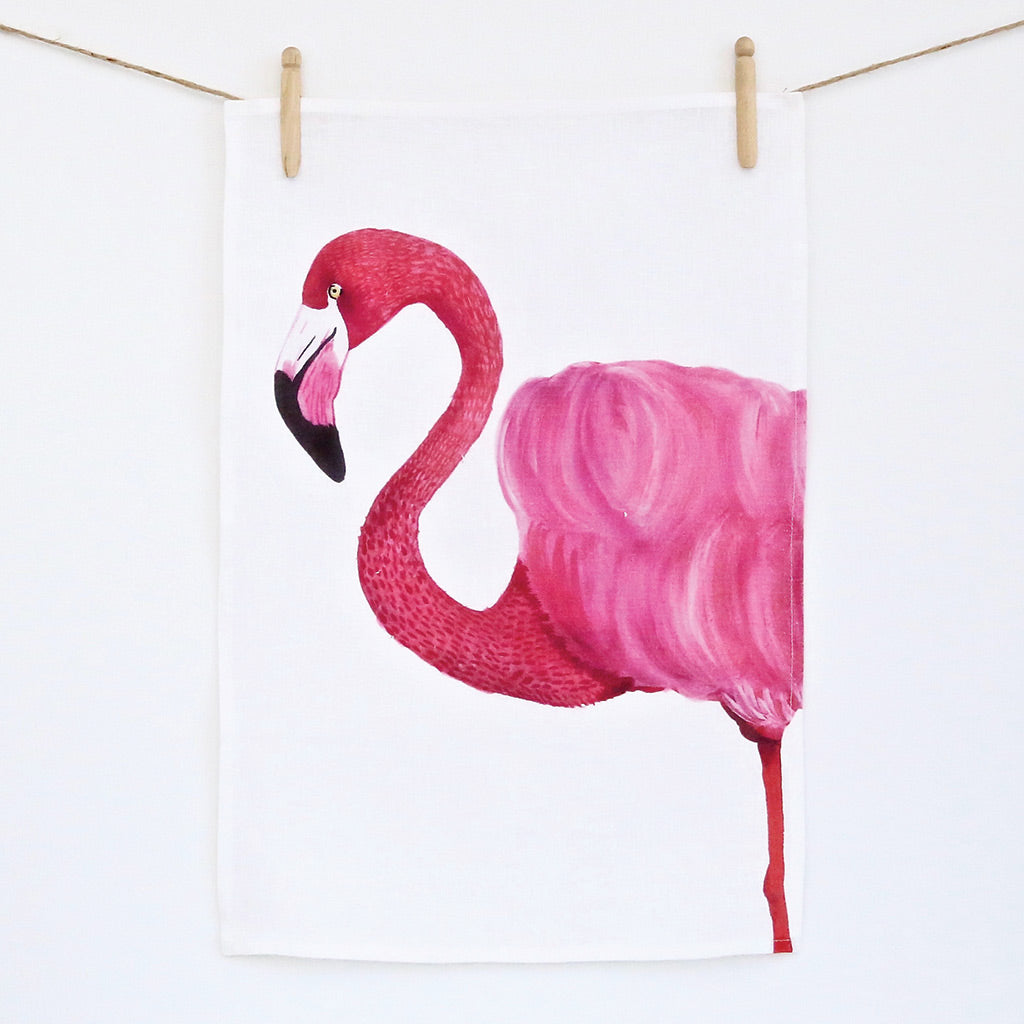 white linen tea towel with flamingo watercolour artwork