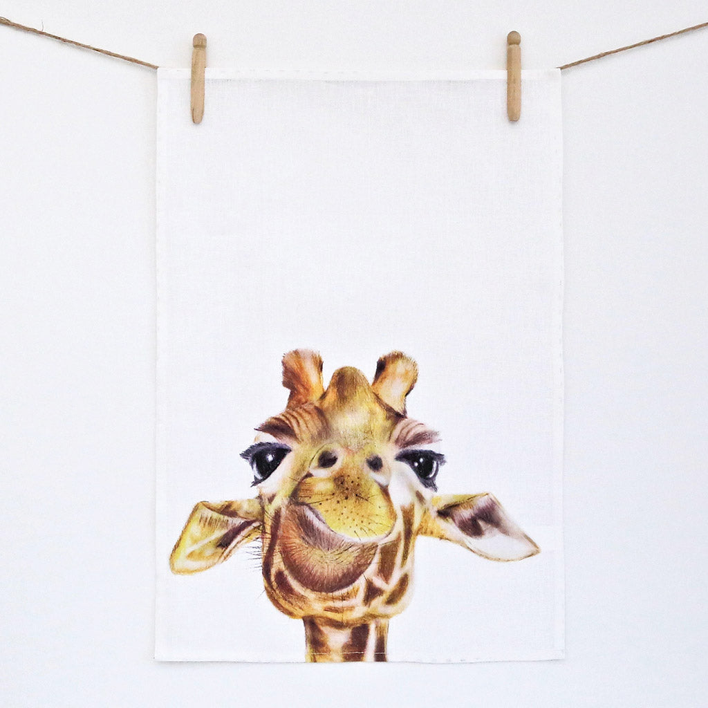 white linen tea towel with giraffe watercolour artwork
