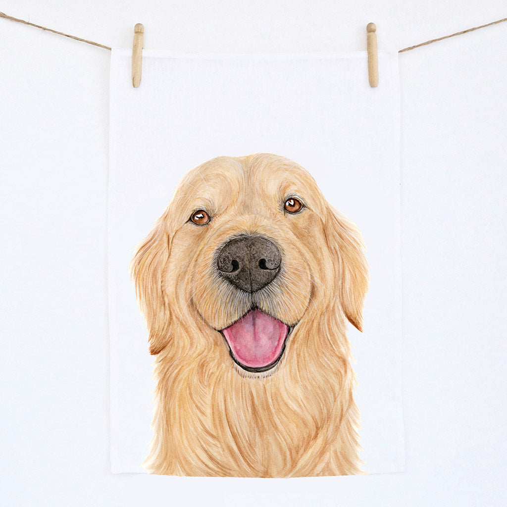 white linen tea towel with golden retriever watercolour artwork