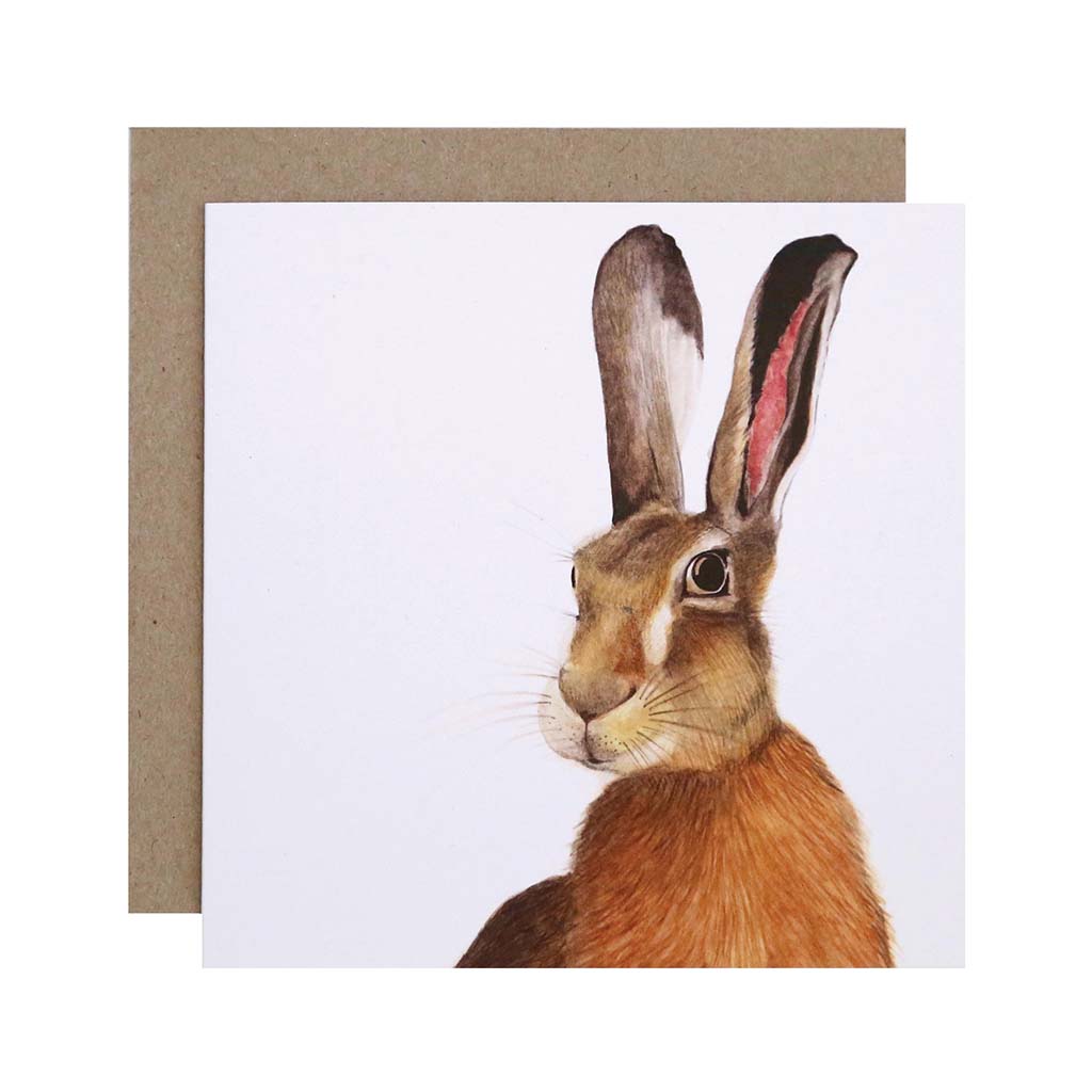 Square white greeting card with brown hare watercolour illustration and recycled kraft envelope