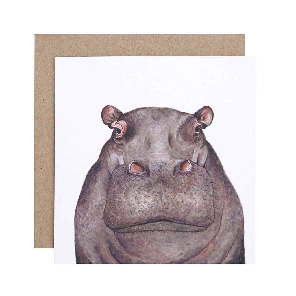 Square white greeting card with hippopotamus watercolour illustration and recycled kraft envelope