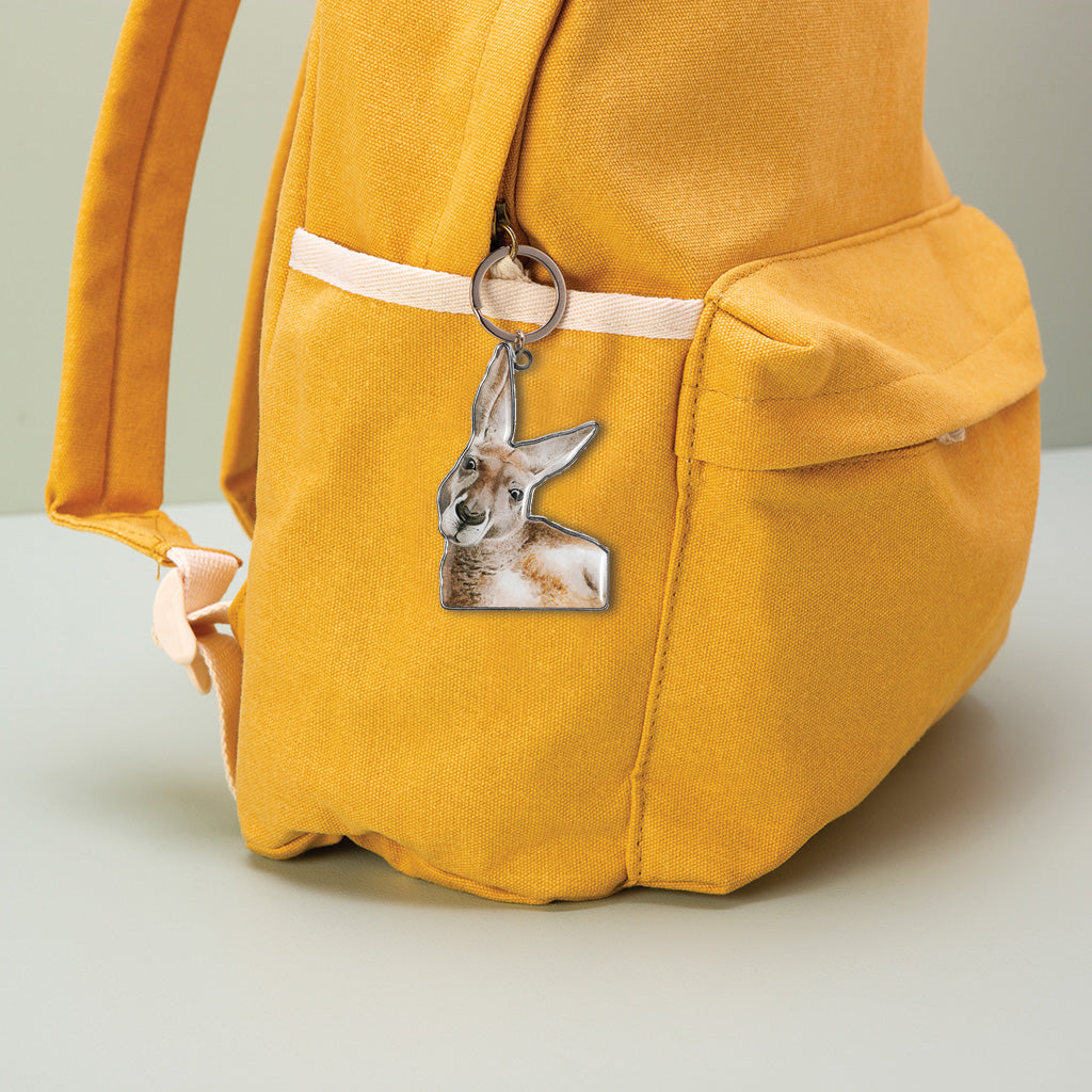 kangaroo australian animal watercolour artwork enamel keychain on yellow canvas backpack