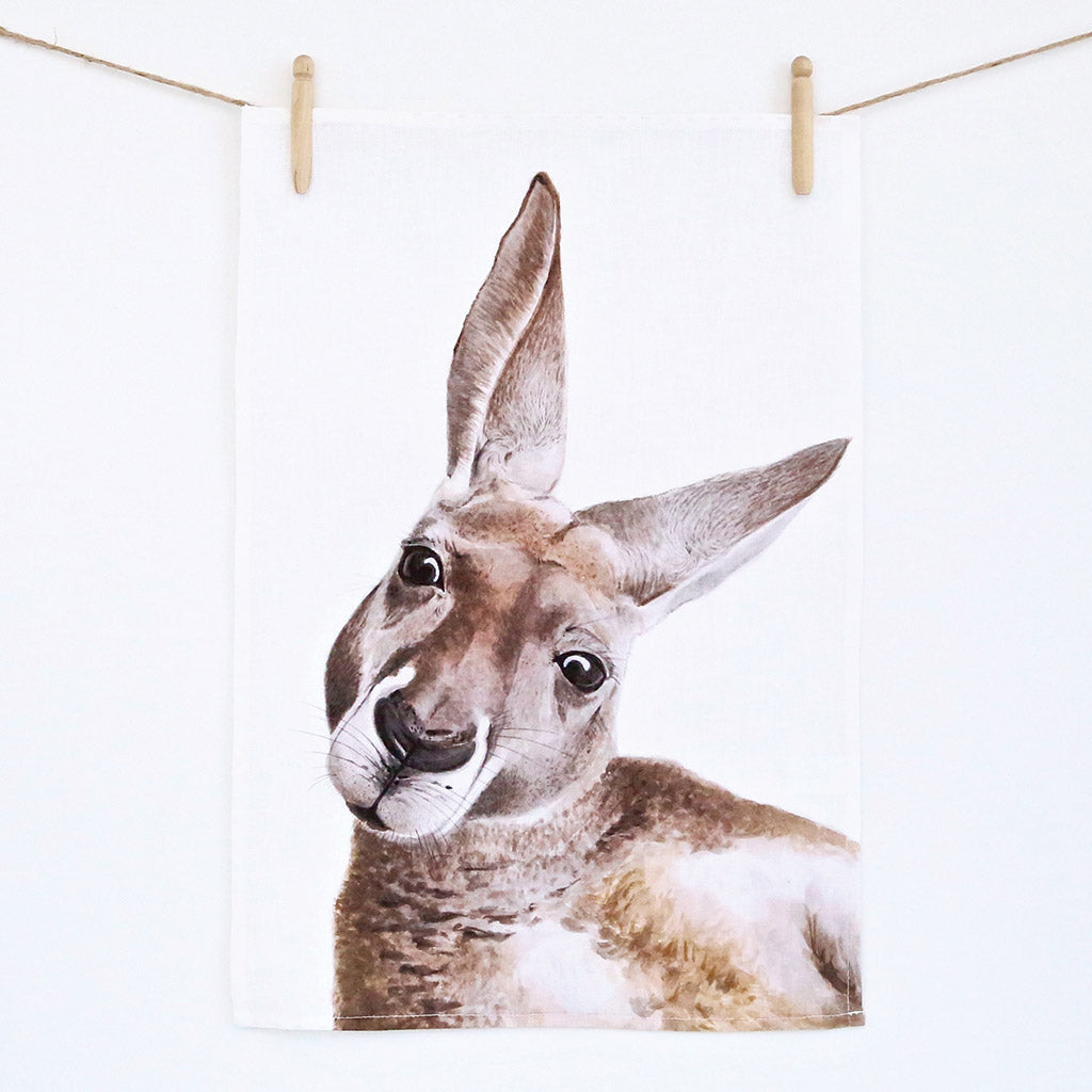 white linen tea towel with kangaroo watercolour artwork