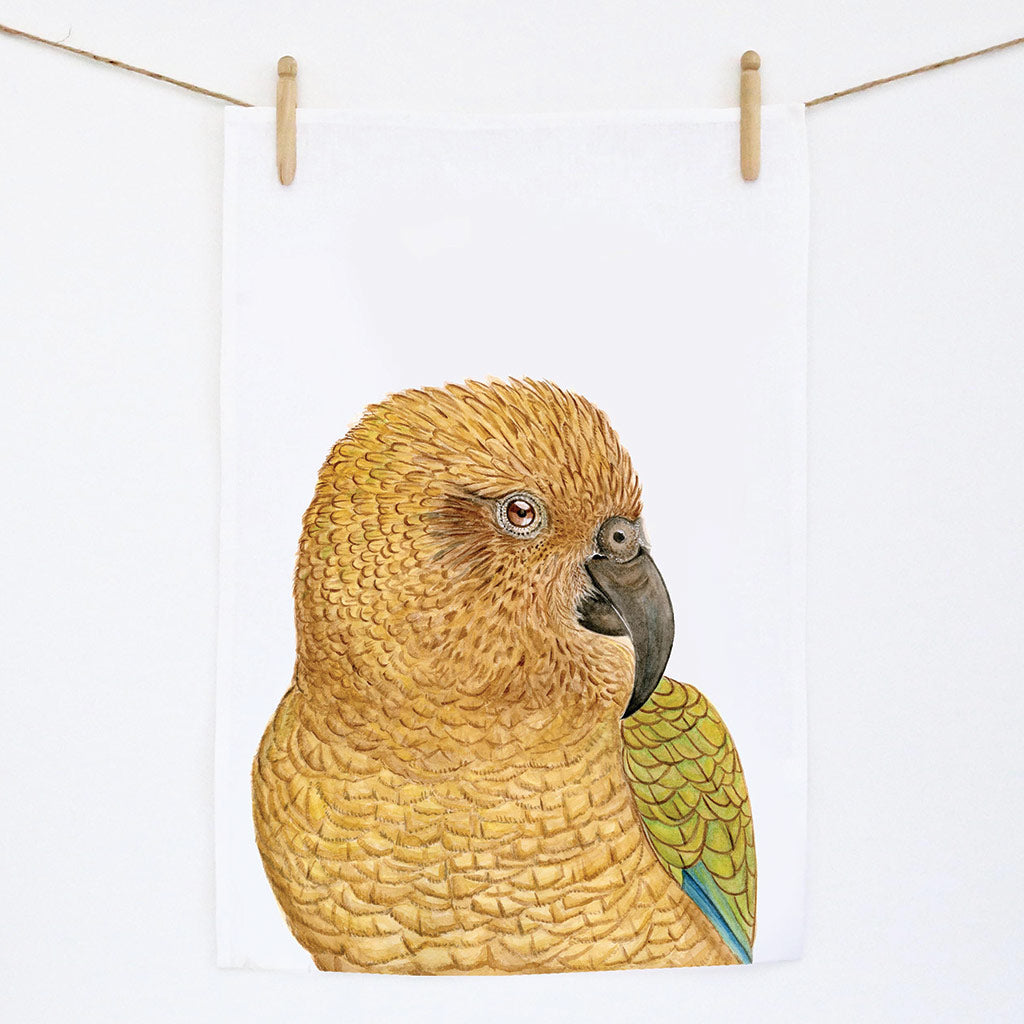 white linen tea towel with kea new zealand parrot watercolour artwork