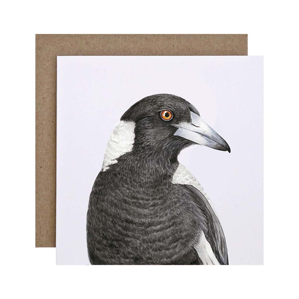 Square white greeting card with magpie watercolour illustration and recycled kraft envelope