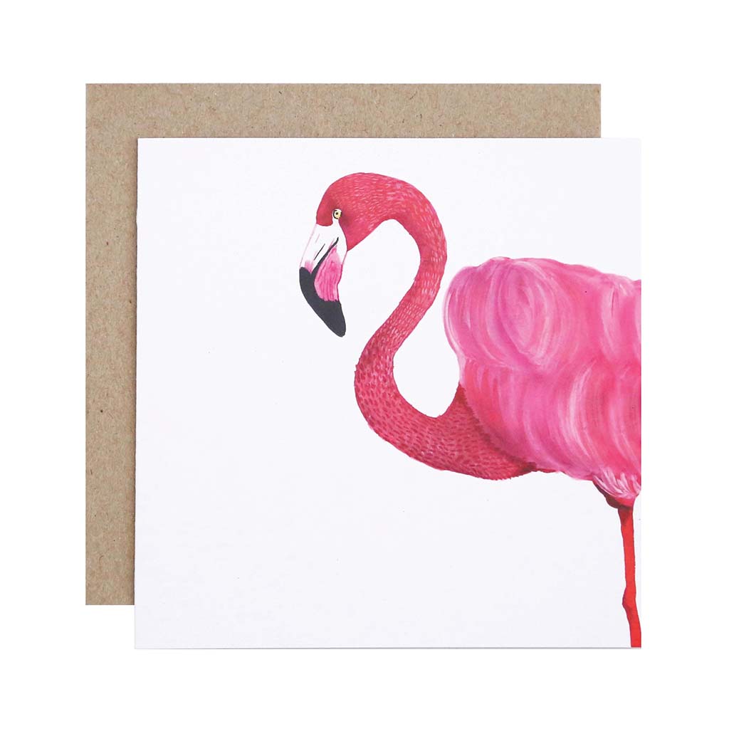 Square white greeting card with pink flamingo watercolour illustration and recycled kraft envelope