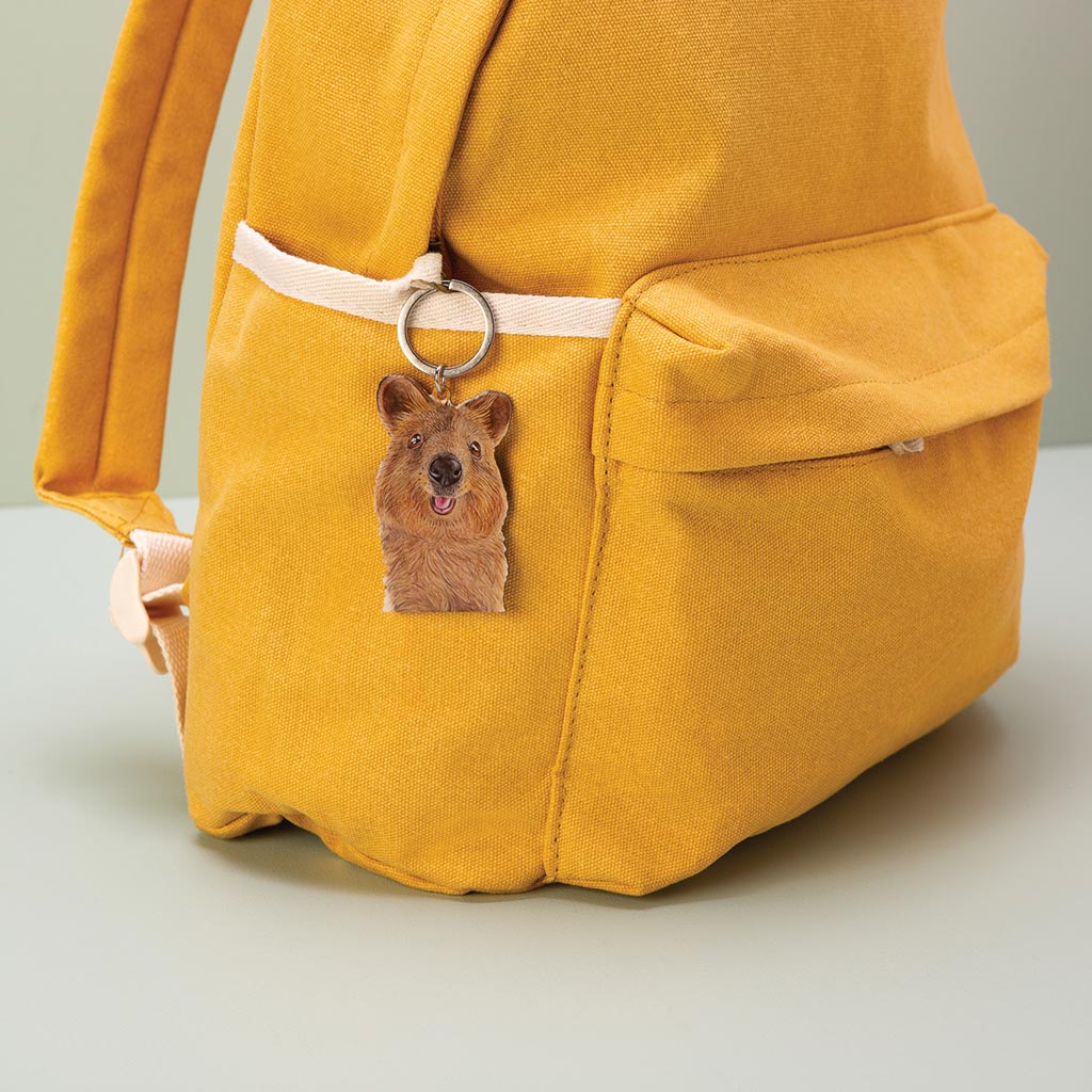 quokka australian animal watercolour artwork enamel keychain on yellow canvas backpack