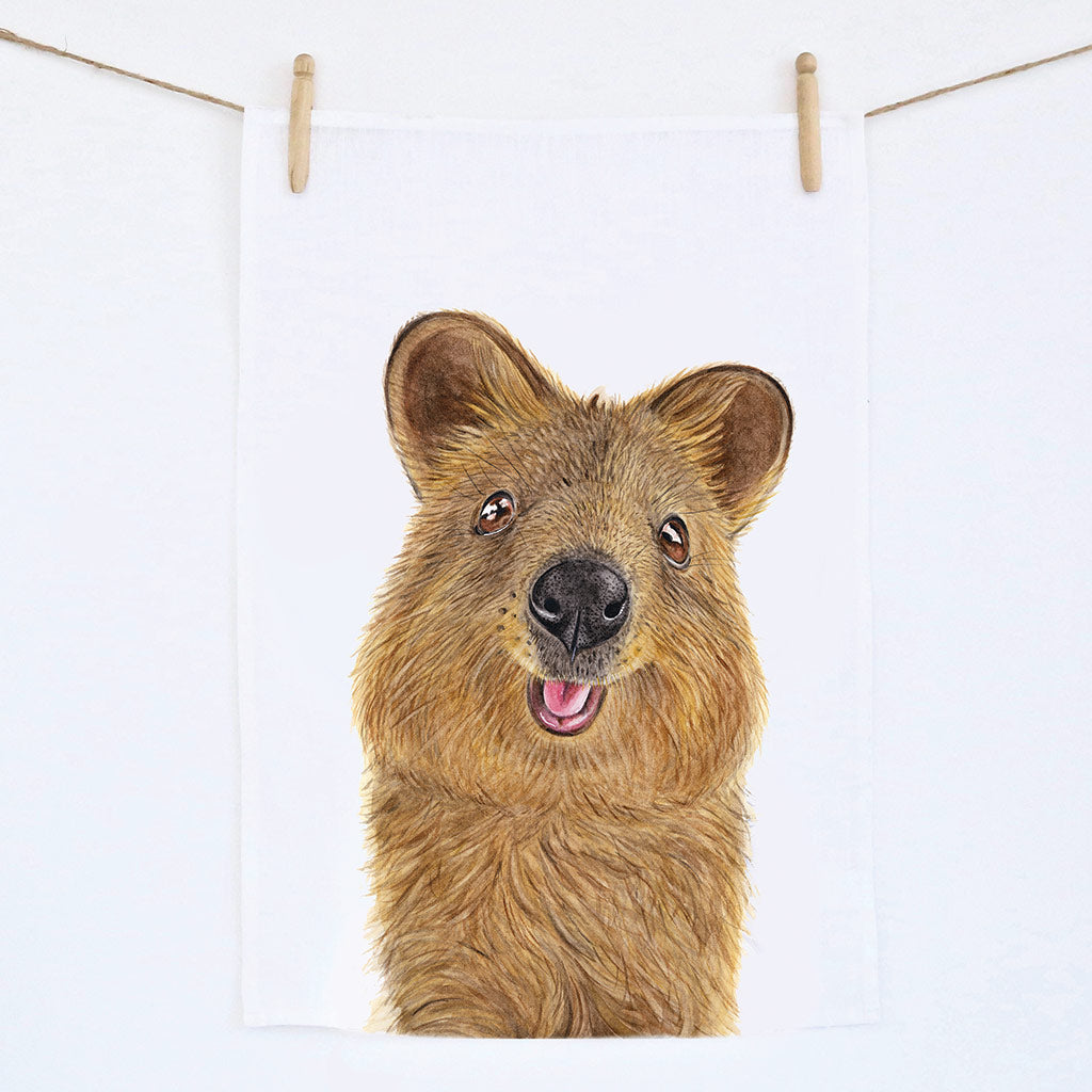 white linen tea towel with quokka watercolour artwork