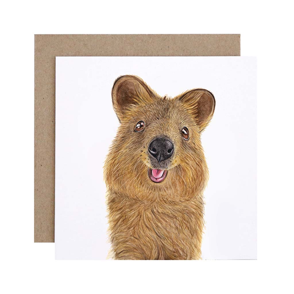 Square white greeting card with quokka watercolour illustration and recycled kraft envelope