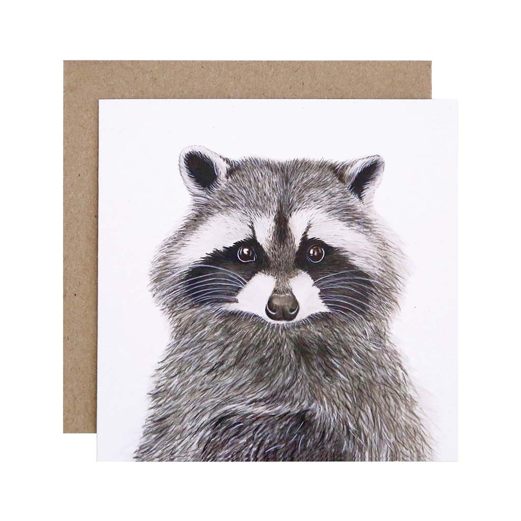 Square white greeting card with racoon watercolour illustration and recycled kraft envelope