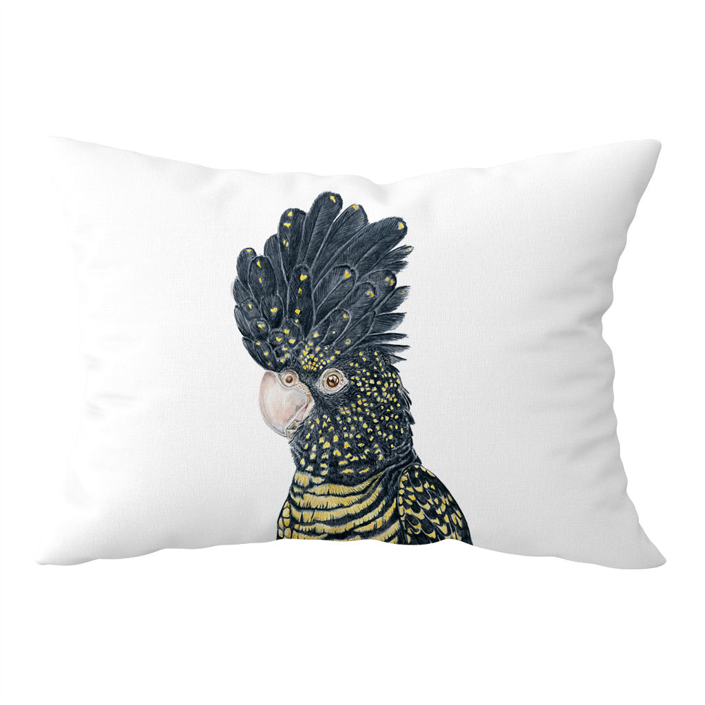 white cotton pillowcase with red-tailed black cockatoo watercolour artwork