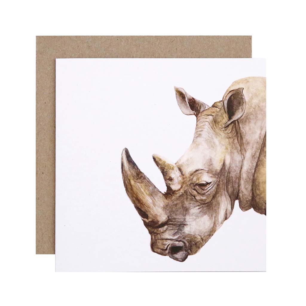 Square white greeting card with rhinoceros watercolour illustration and recycled kraft envelope