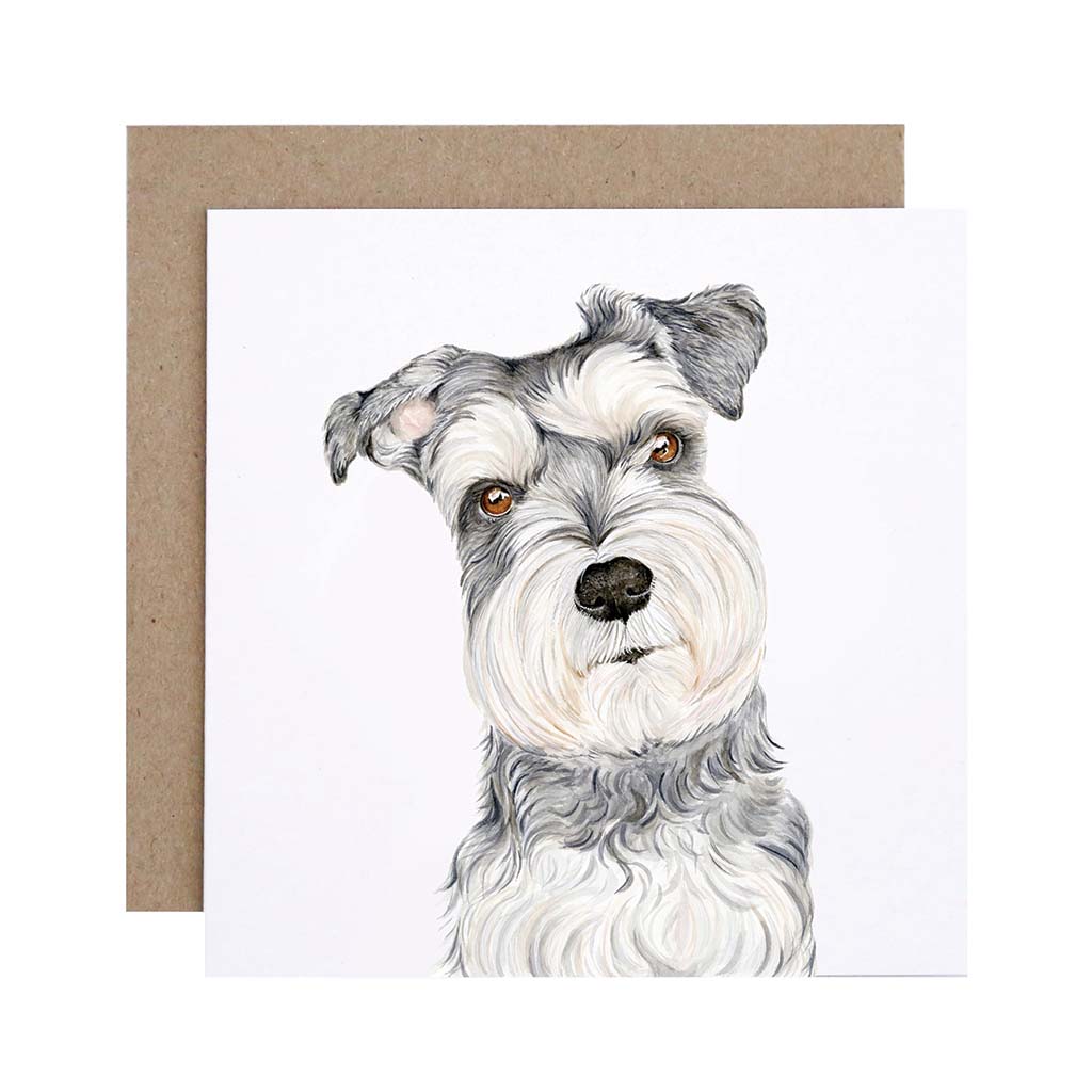 Square white greeting card with salt and pepper miniature schnauzer watercolour illustration and recycled kraft envelope