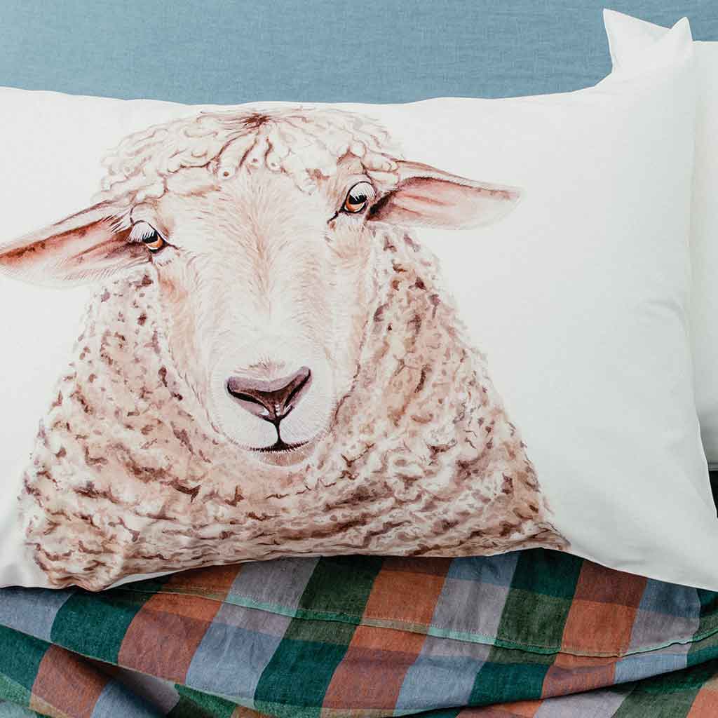 sheep artwork cotton pillowcase gingham linen