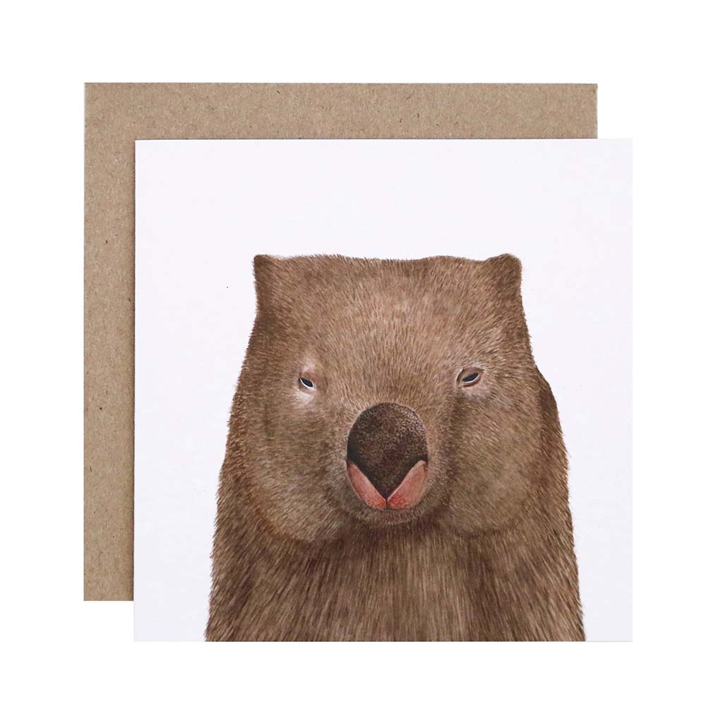 Square white greeting card with wombat watercolour illustration and recycled kraft envelope