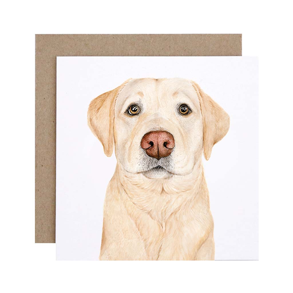 Square white greeting card with yellow labrador retriever dog watercolour illustration and recycled kraft envelope