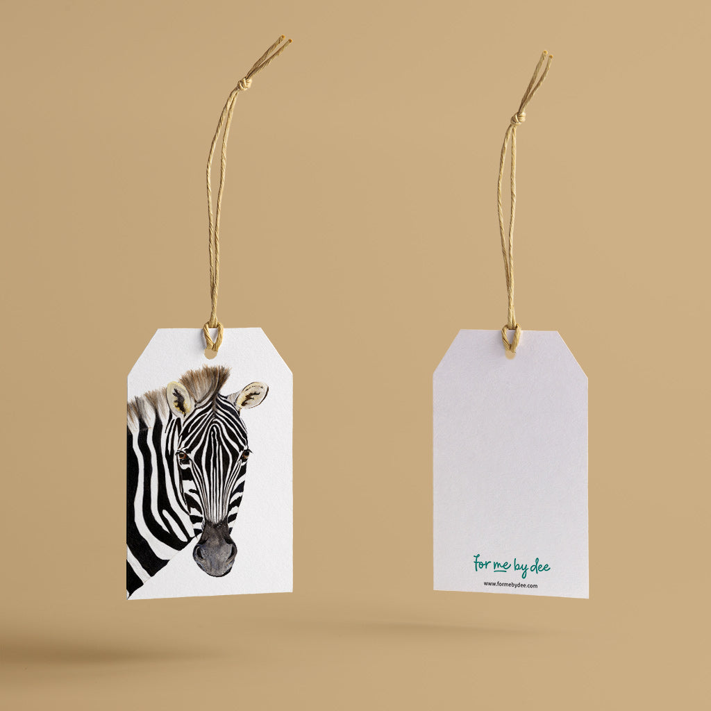 zebra wild animal gift tag with twine string on mustard background