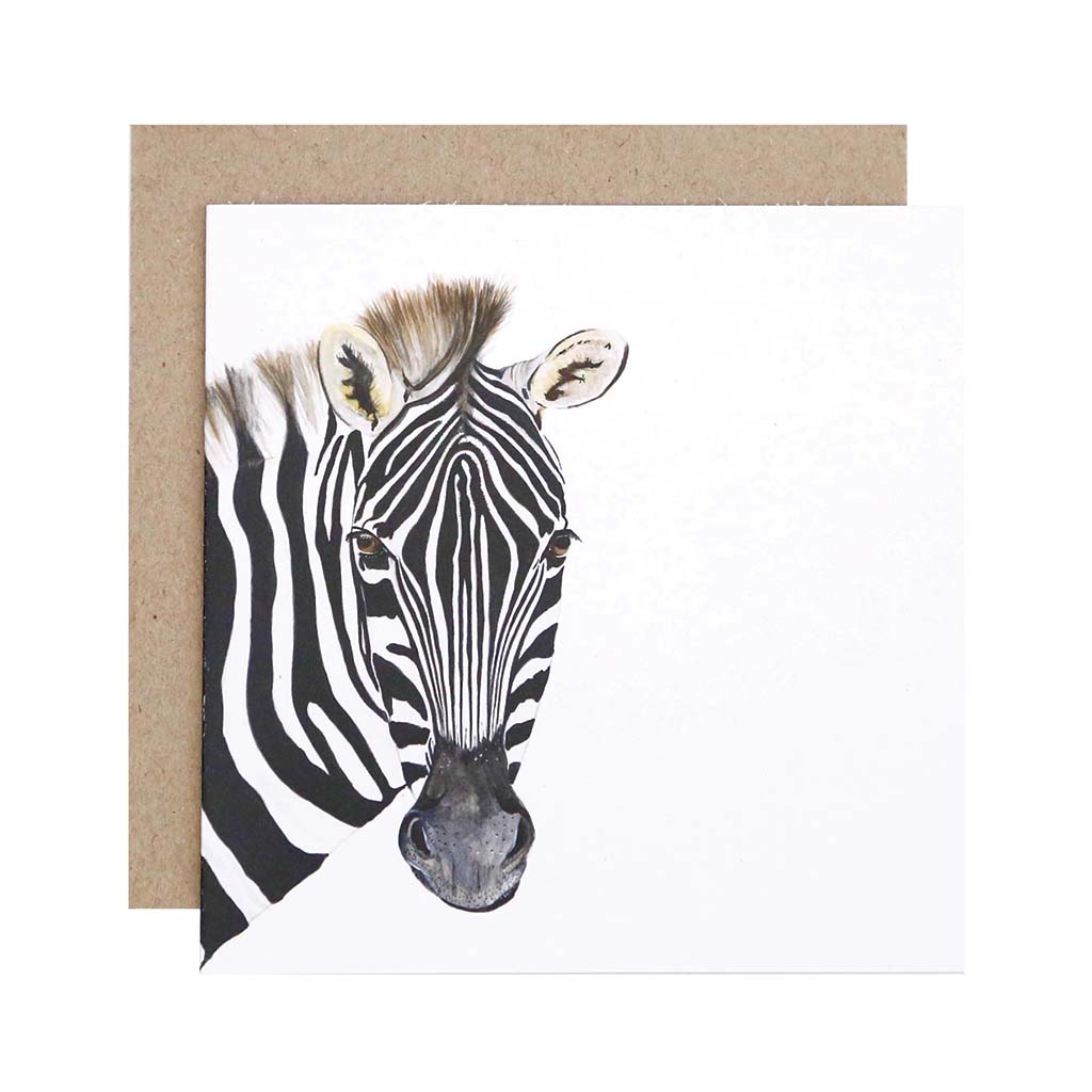 Square white greeting card with zebra watercolour illustration and recycled kraft envelope