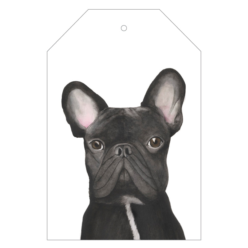 black french bulldog gift tag with twine string on blue background