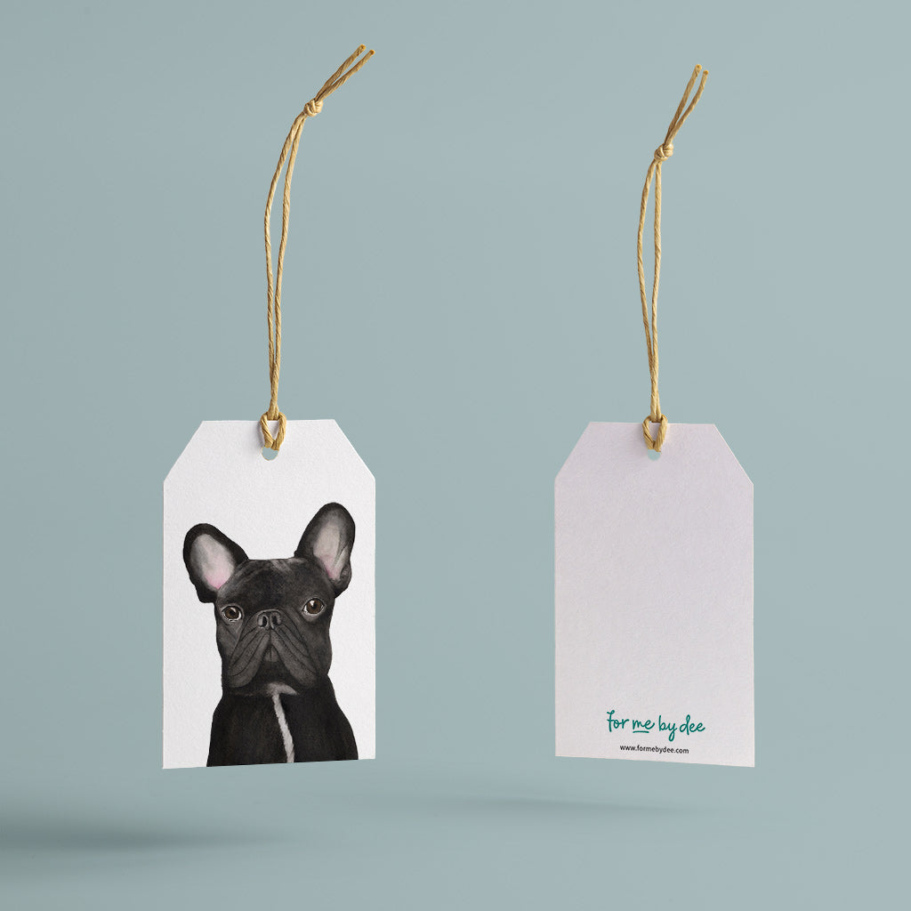 black french bulldog gift tag with twine string on blue background