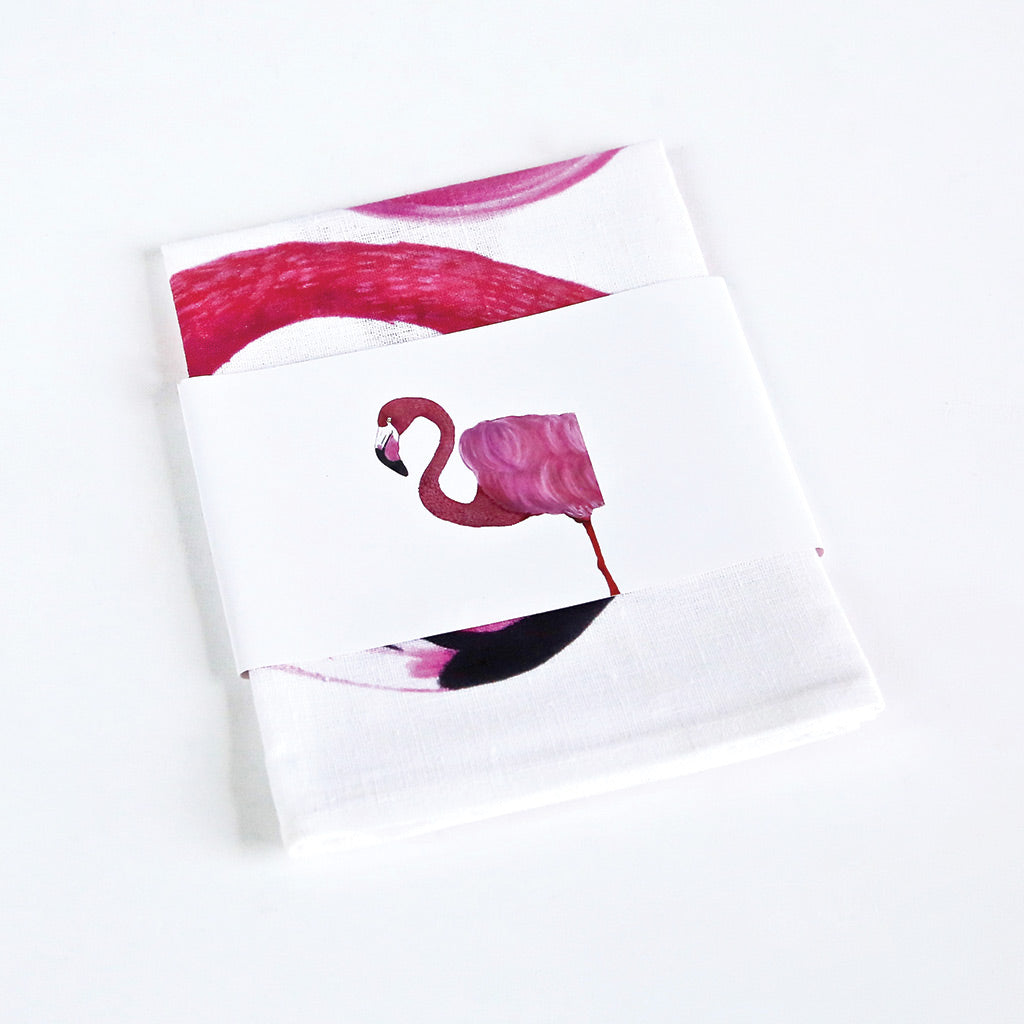 white linen tea towel with flamingo watercolour artwork