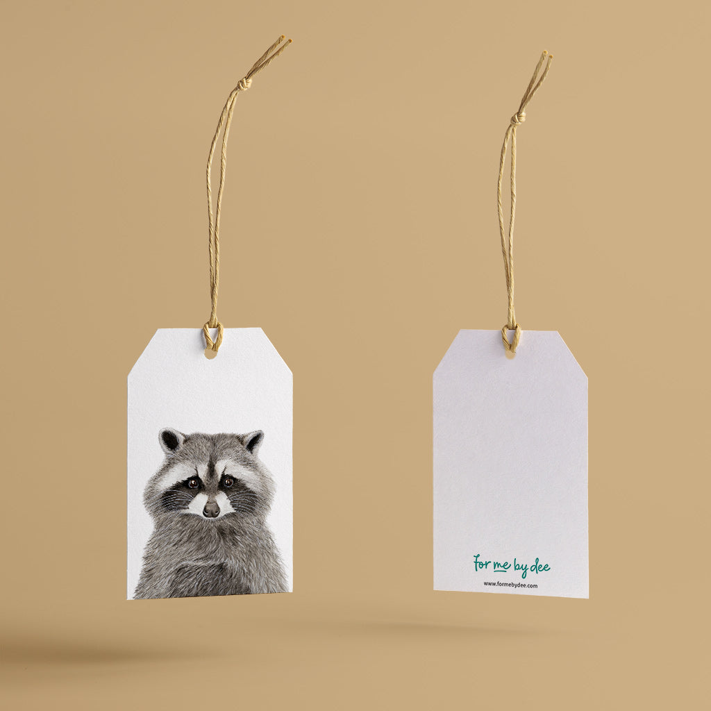 racoon wild animal gift tag with twine string on mustard background